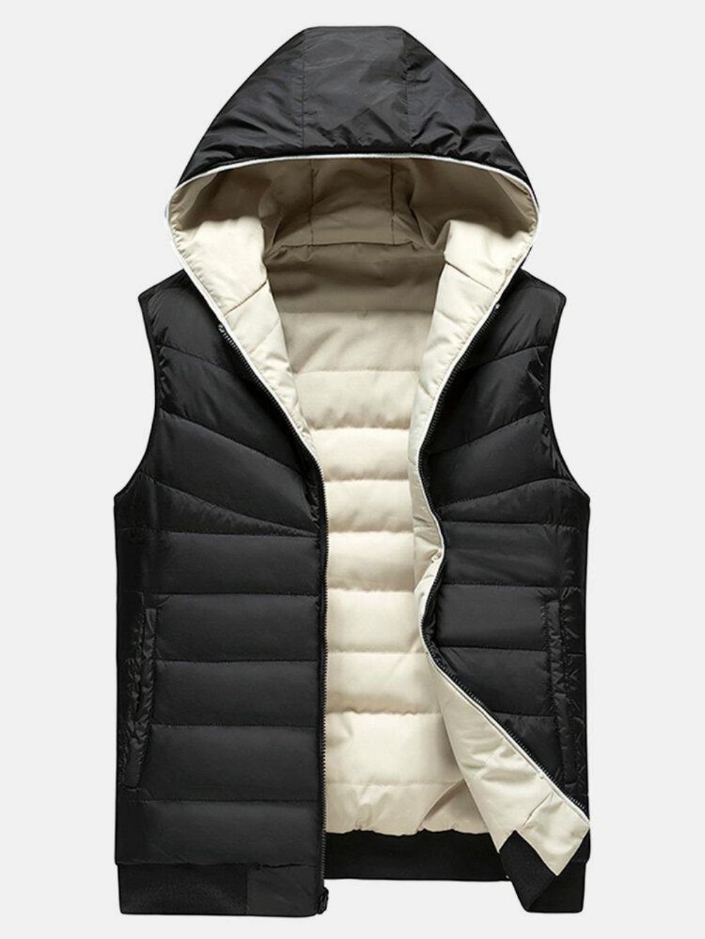 Heren Effen Kleur Rits Winddicht Warm Omkeerbaar Gewatteerd Gilet Met Capuchon Met Zak