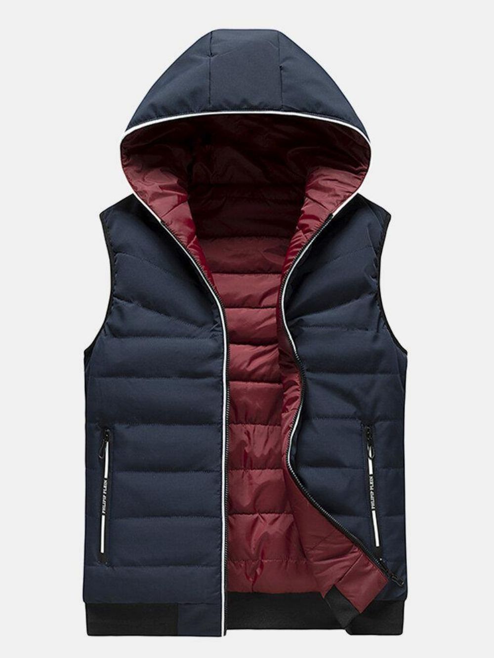 Heren Effen Kleur Rits Winddicht Warm Omkeerbaar Gewatteerd Gilet Met Capuchon Met Zak