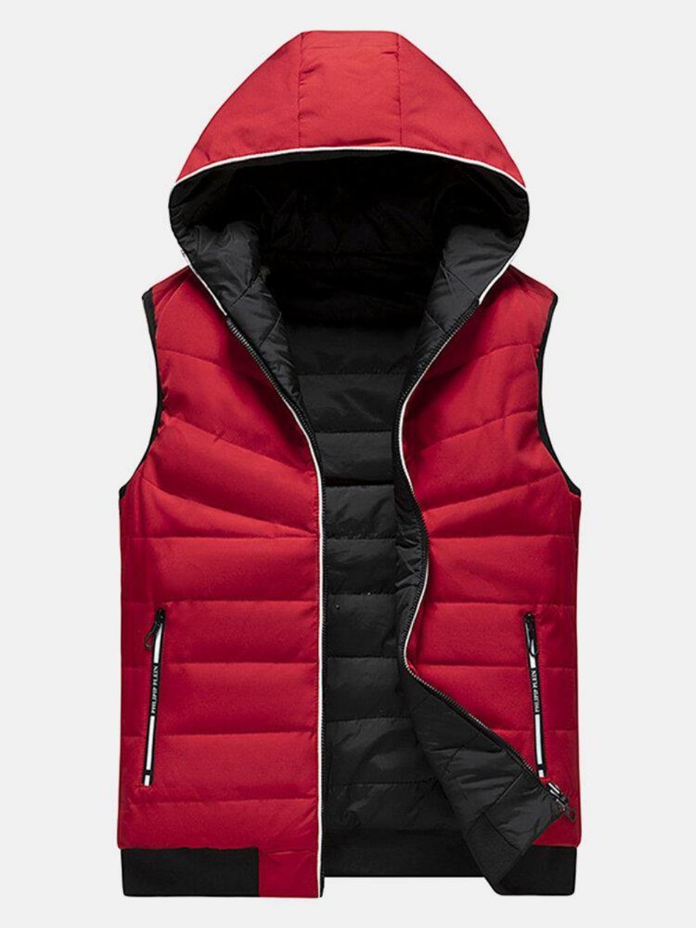 Heren Effen Kleur Rits Winddicht Warm Omkeerbaar Gewatteerd Gilet Met Capuchon Met Zak