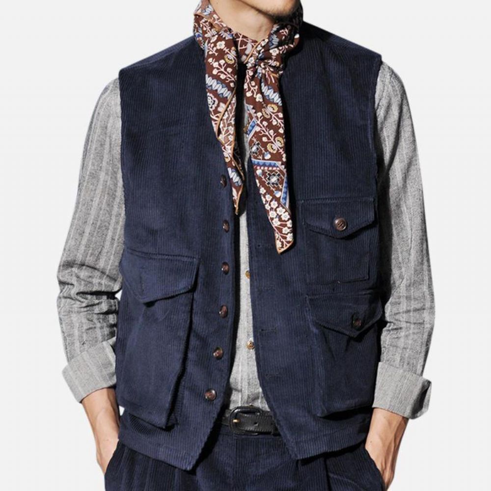 Heren Retro Corduroy Vest Met Meerdere Zakken Mouwloze Jastops