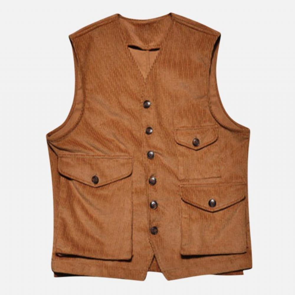 Heren Retro Corduroy Vest Met Meerdere Zakken Mouwloze Jastops