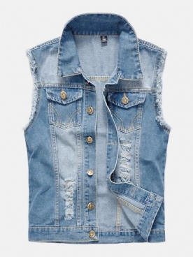 Herenmode Denim Dubbele Zakken Turn Down Kraag Casual Vest