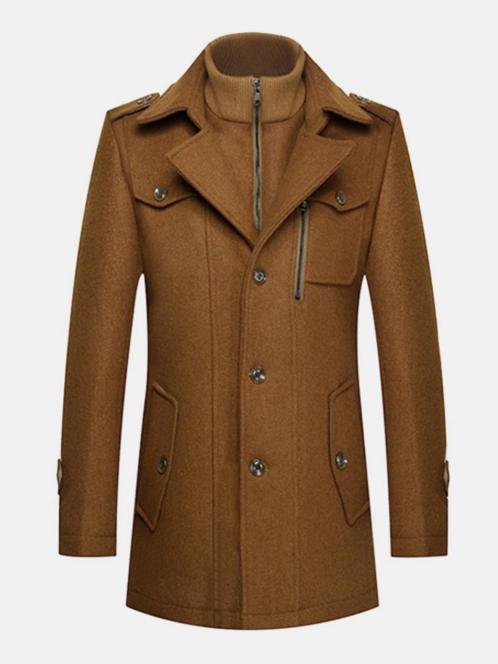 Unieke Kraag Warme Wollen Trenchcoat Mode Rits Knop Jas