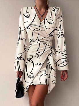 Elegante V-Hals Jurk Met Abstracte Print Lange Mouwen