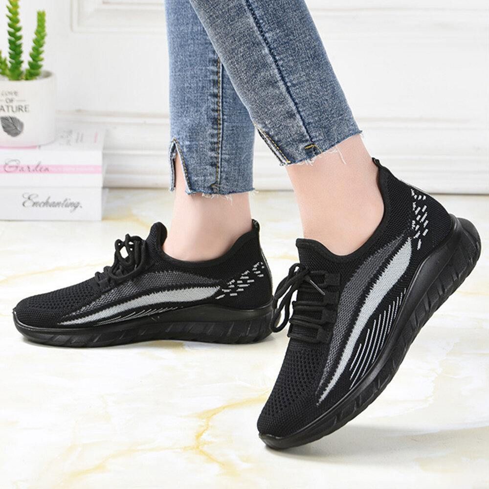 Dames Met Gebreide Streepdetail Ademende Antislip Casual Sneakers