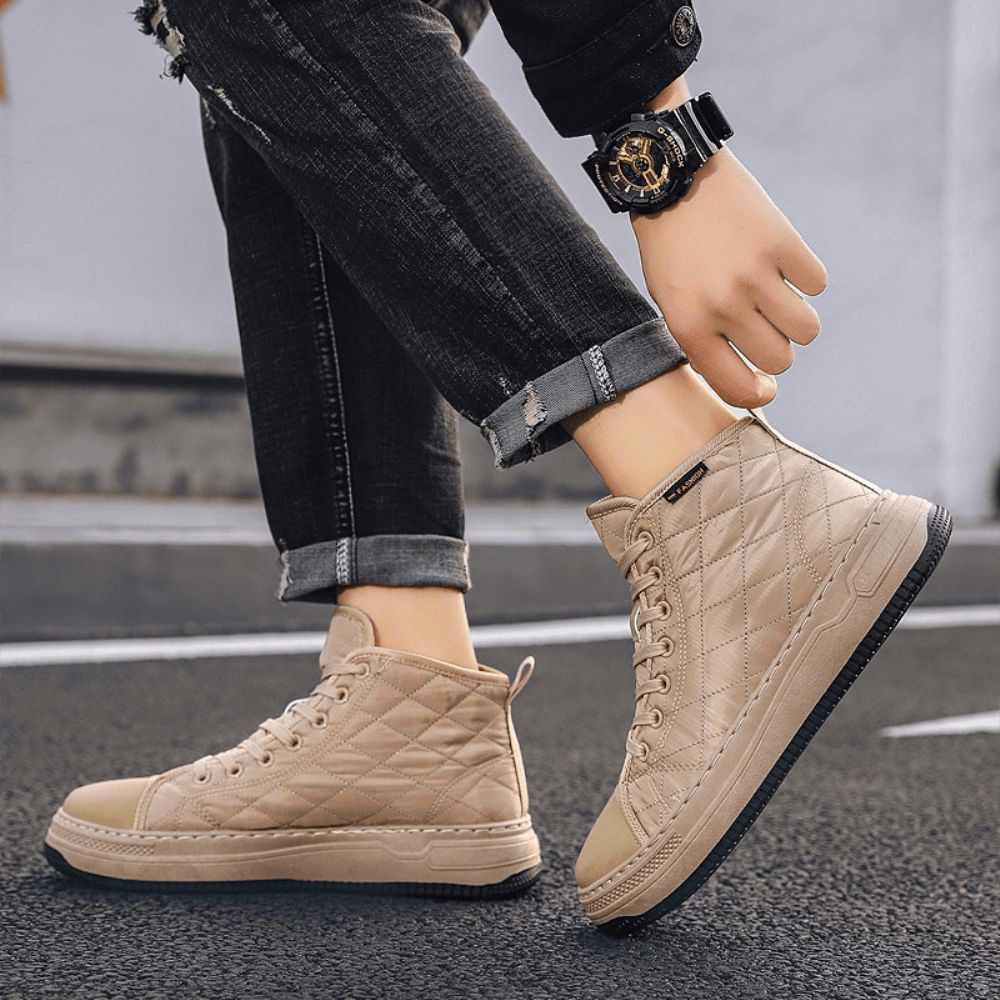 Heren Stiksels Geruite Doek Comfortabele Slipvaste Hoge Sneakers Met Veters