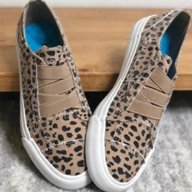 Woemn Leopard Printing Elastische Band Casual Canvas Platte Schoenen