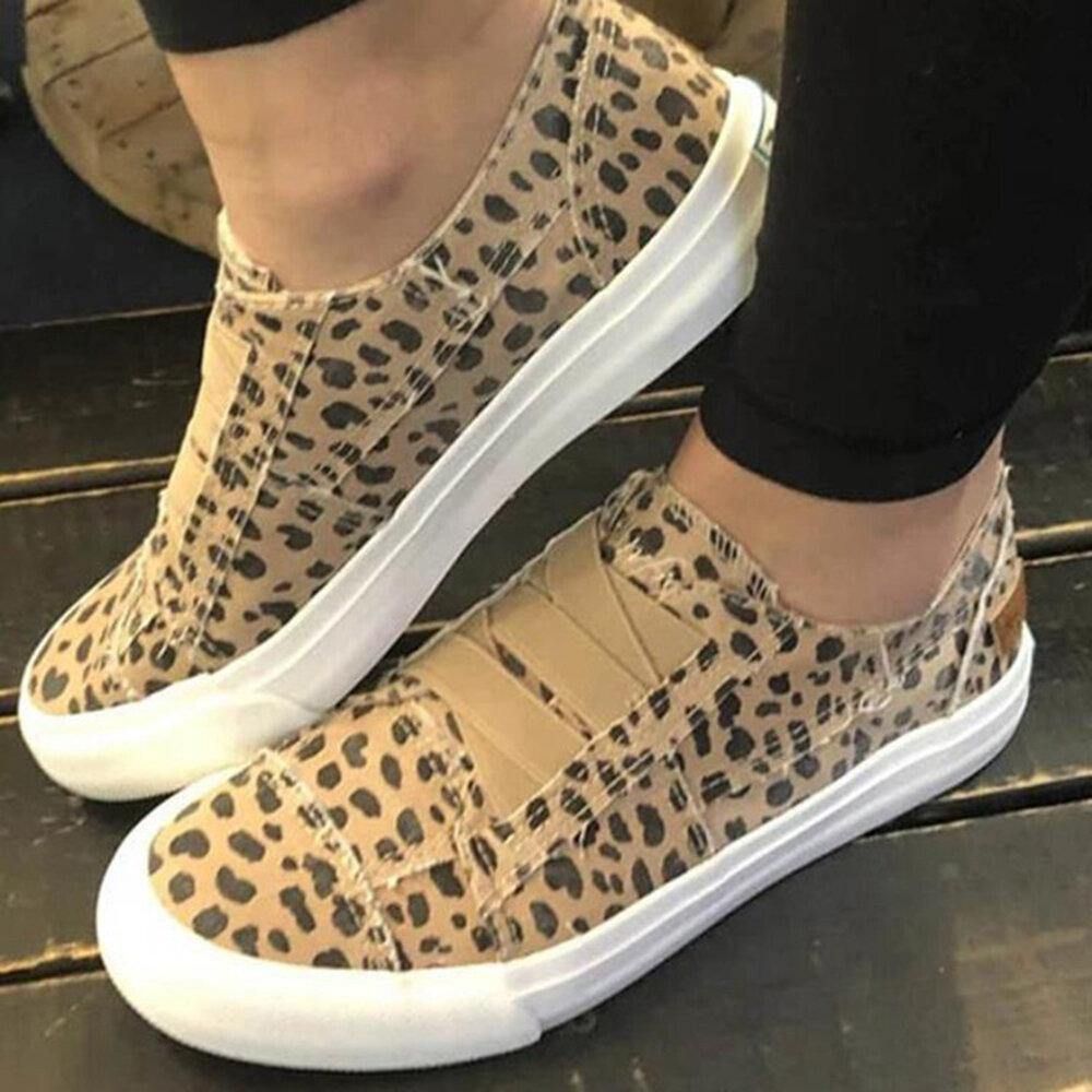 Woemn Leopard Printing Elastische Band Casual Canvas Platte Schoenen