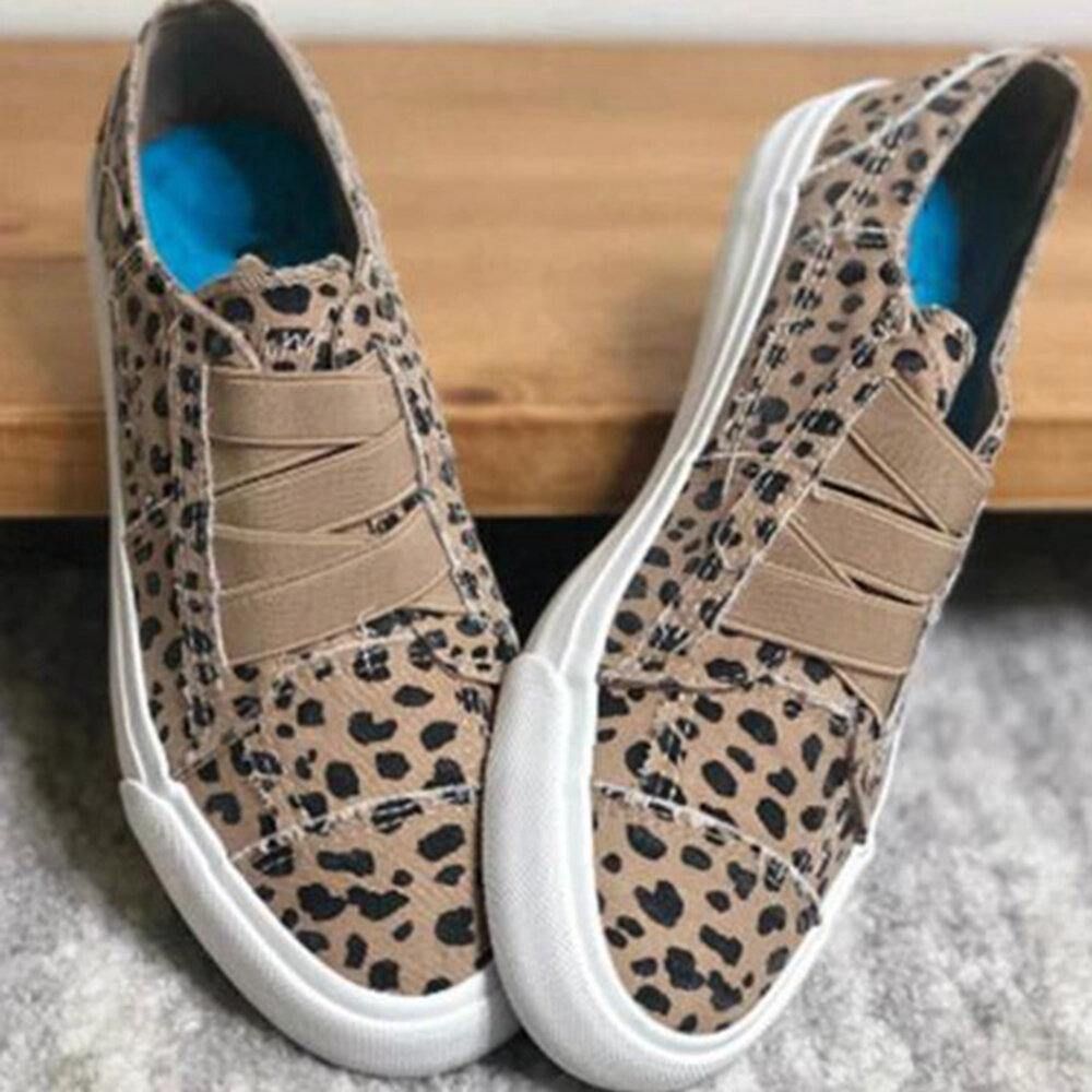 Woemn Leopard Printing Elastische Band Casual Canvas Platte Schoenen