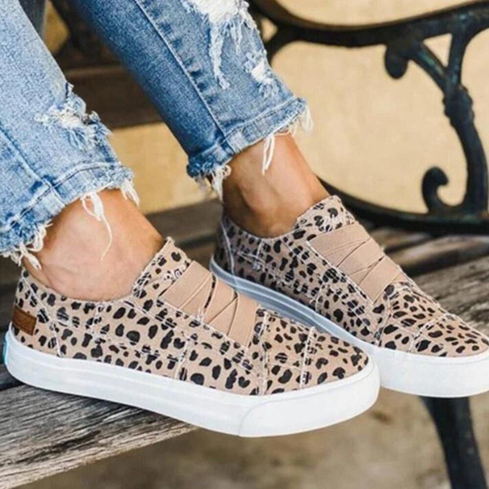 Woemn Leopard Printing Elastische Band Casual Canvas Platte Schoenen