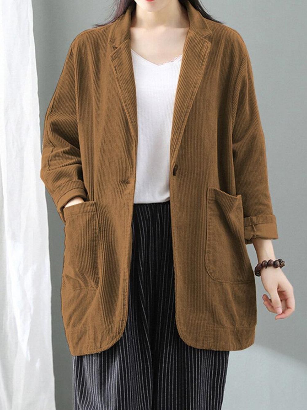 Dames Corduroy Revers Effen Full Sleeve Retro Leisure Zakken Voorzakken Pak