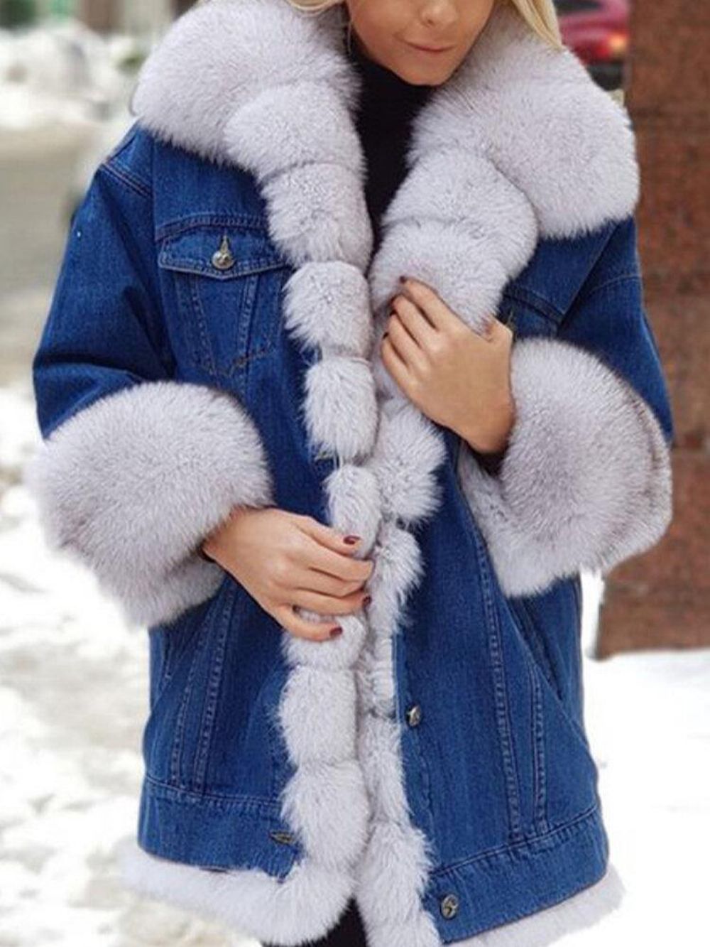 Dames Distressed Denim Patchwork Warm Casual Faux Fur Jassen