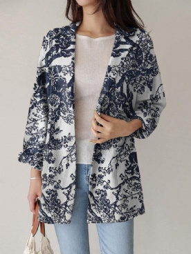 Dames Losse Revers Jas Met Volledige Mouw Bloemen Casual Zijzakken