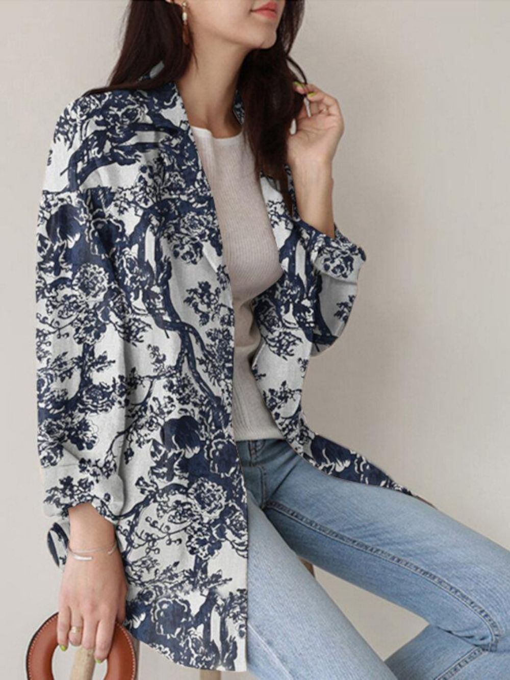 Dames Losse Revers Jas Met Volledige Mouw Bloemen Casual Zijzakken