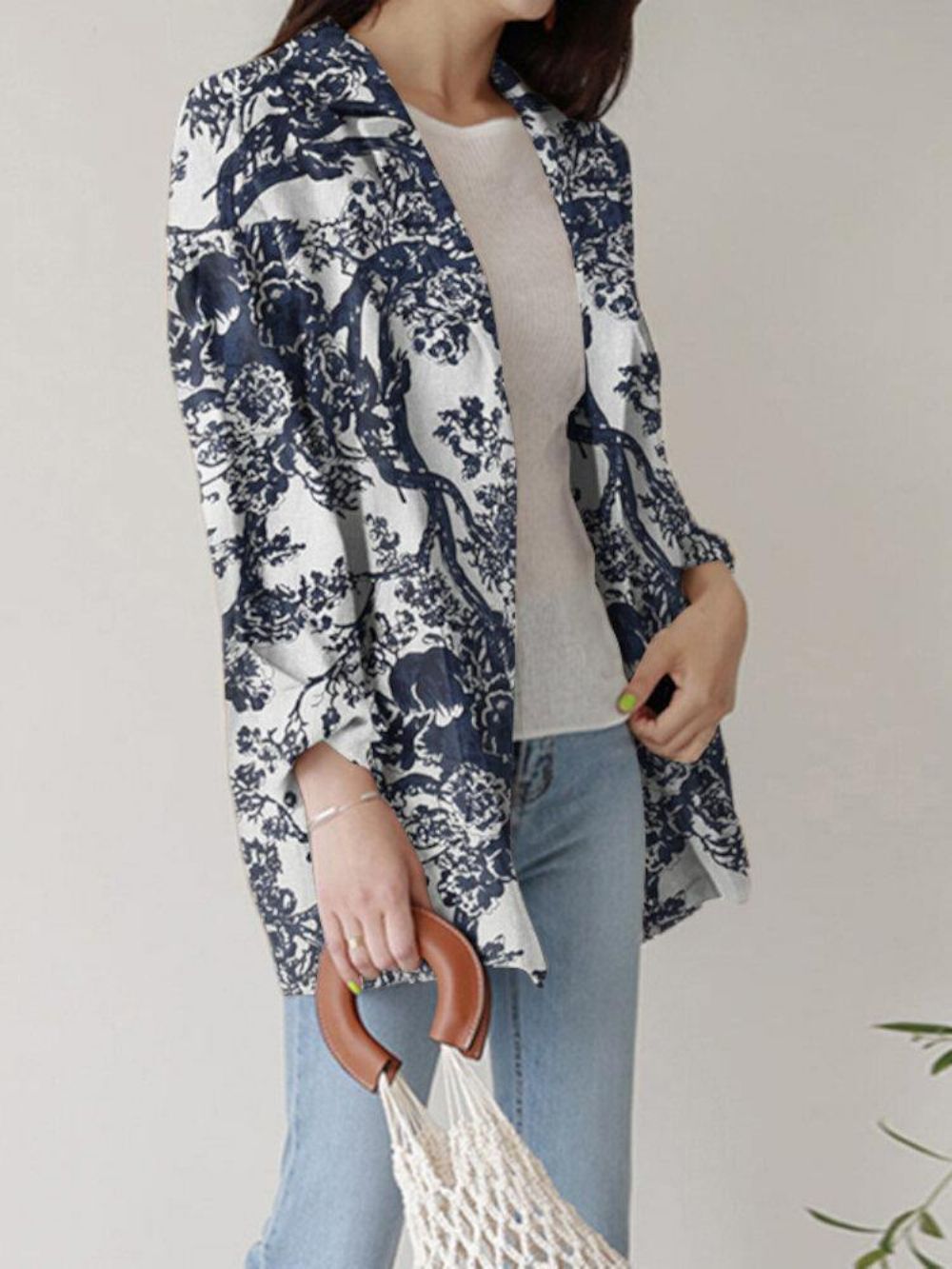 Dames Losse Revers Jas Met Volledige Mouw Bloemen Casual Zijzakken