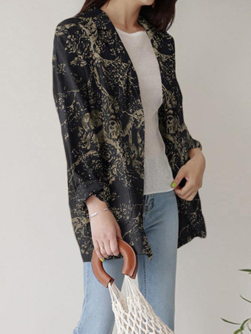 Dames Losse Revers Jas Met Volledige Mouw Bloemen Casual Zijzakken