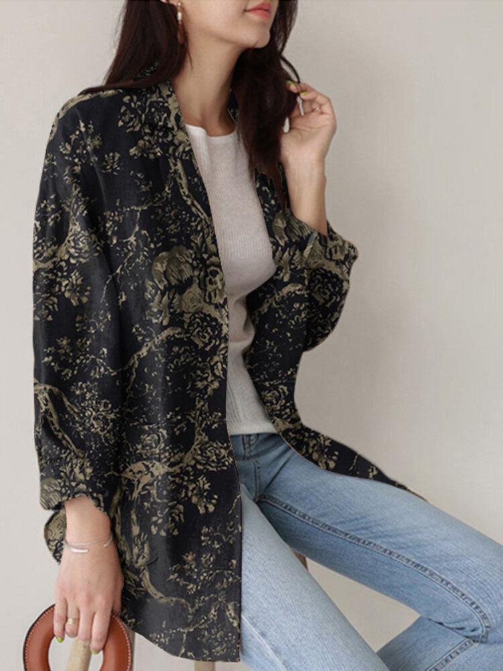 Dames Losse Revers Jas Met Volledige Mouw Bloemen Casual Zijzakken