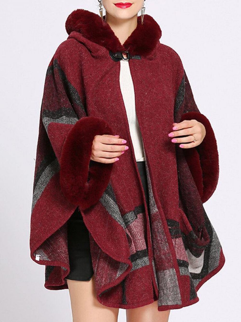 Dames Vintage Print Warme Faux Fur Hooded Jassen Met Zak