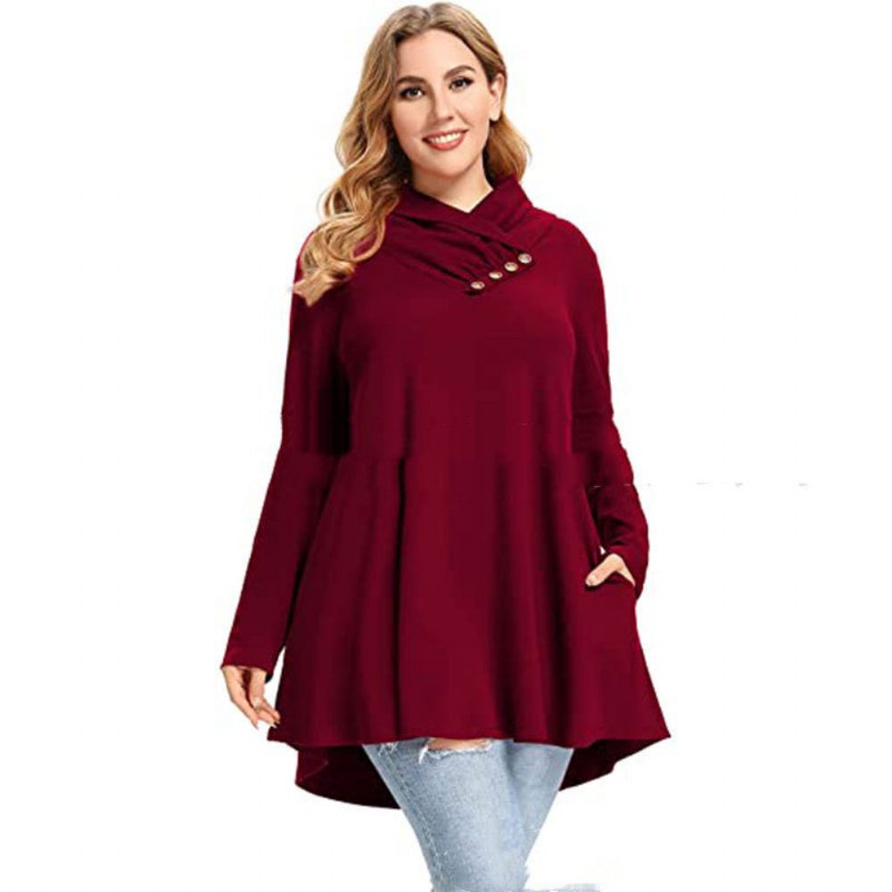 Gekreukte Kraag Dames Plus Size Top Tuniek Met Lange Mouwen