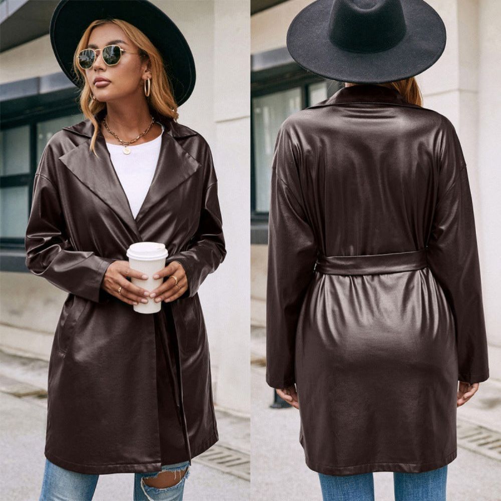 Halflange Leren Western-Kant Slanke Trenchcoat Met Lange Mouwen