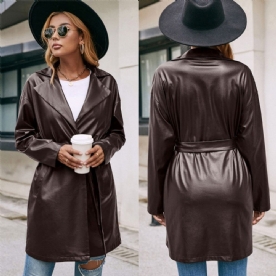 Halflange Leren Western-Kant Slanke Trenchcoat Met Lange Mouwen