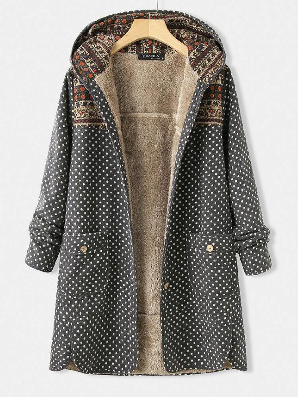 Polka Dot Jassen Met Lange Mouwen Patchwork Fleece Met Zijzakken Dames