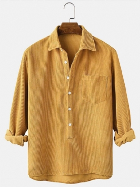 Corduroy Effen Henley Kraag Borstzak Shirts Met Lange Mouwen