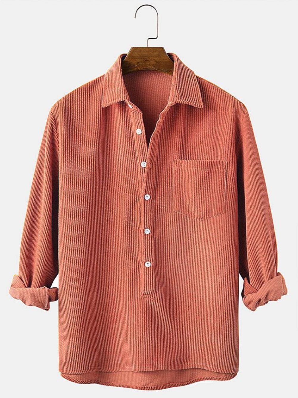 Corduroy Effen Henley Kraag Borstzak Shirts Met Lange Mouwen