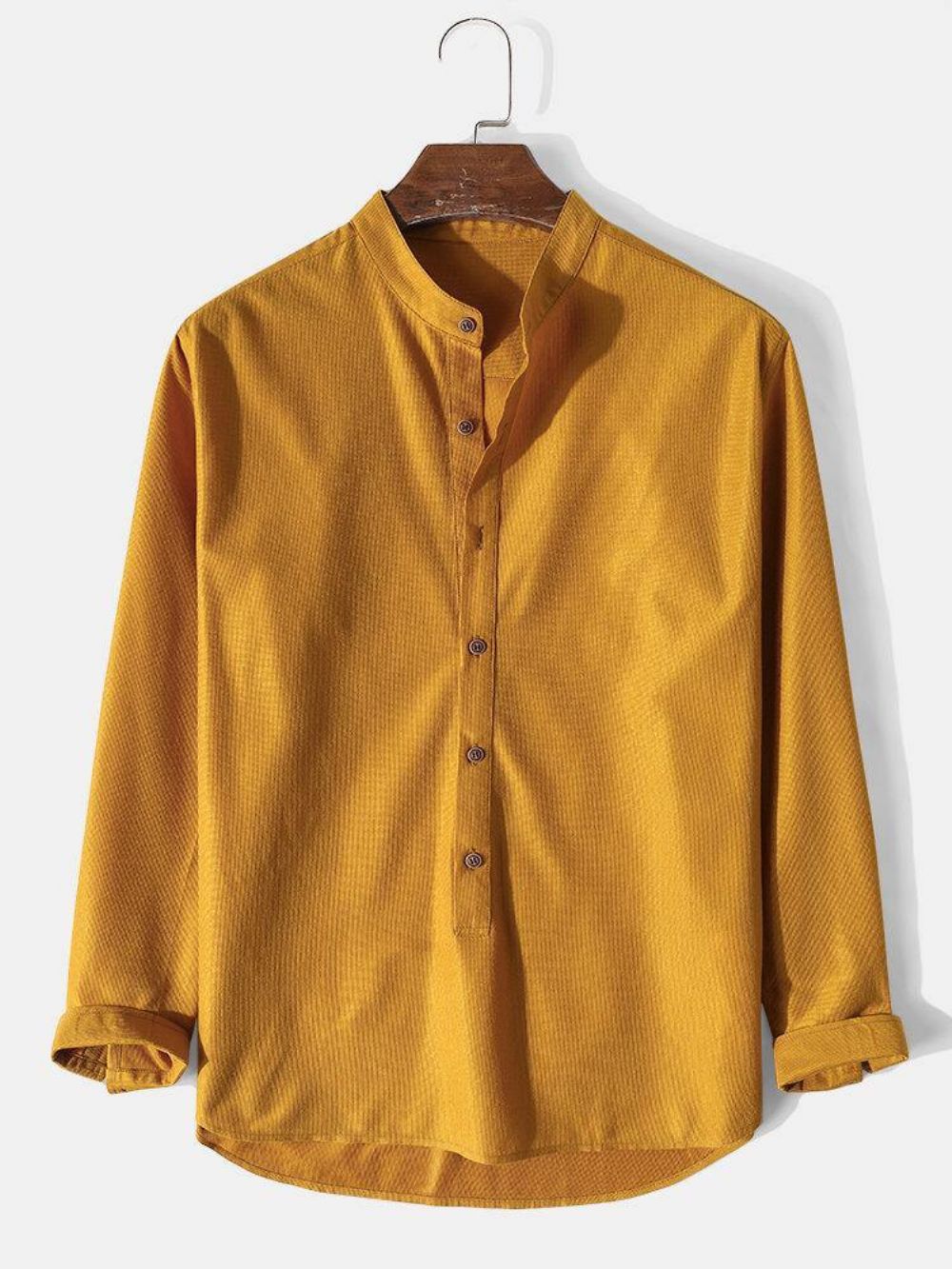 Henley-Shirt Heren Effen Kleur Korte Stijl Knop Voorkant Lange Mouw