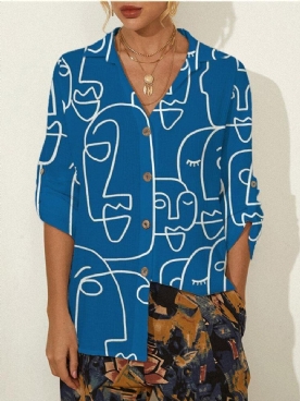 Abstracte Patroonprint Met Lange Mouwen Reversknoop Casual Blouse Dames