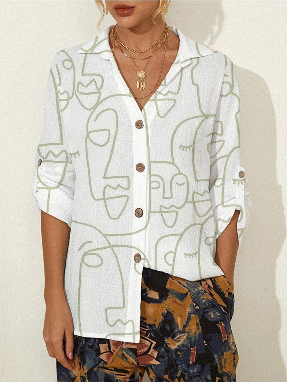 Abstracte Patroonprint Met Lange Mouwen Reversknoop Casual Blouse Dames