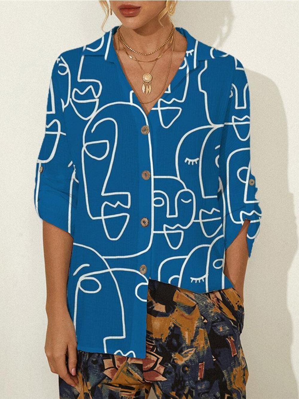 Abstracte Patroonprint Met Lange Mouwen Reversknoop Casual Blouse Dames