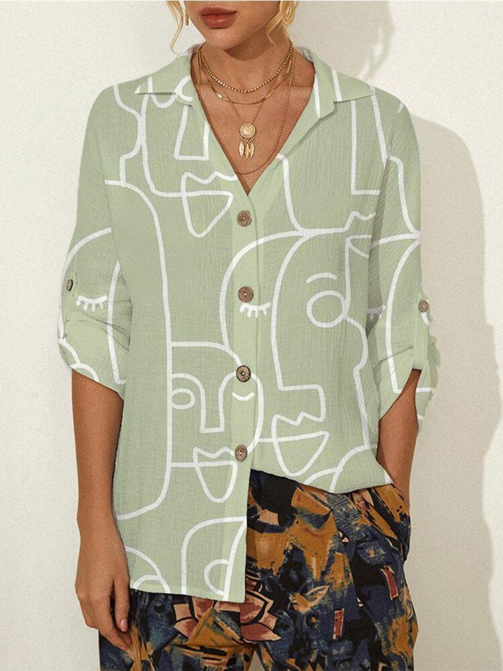 Abstracte Patroonprint Met Lange Mouwen Reversknoop Casual Blouse Dames