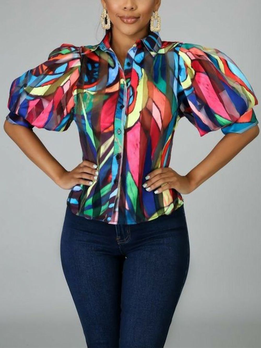 Abstracte Regular-Fit Blouse Met Korte Mouwen