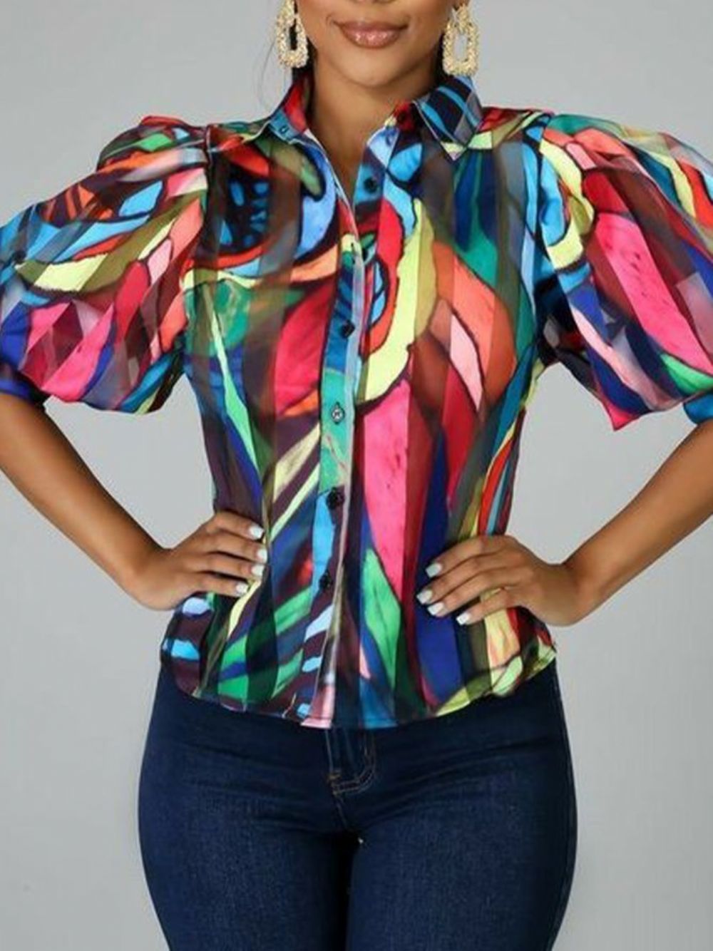 Abstracte Regular-Fit Blouse Met Korte Mouwen