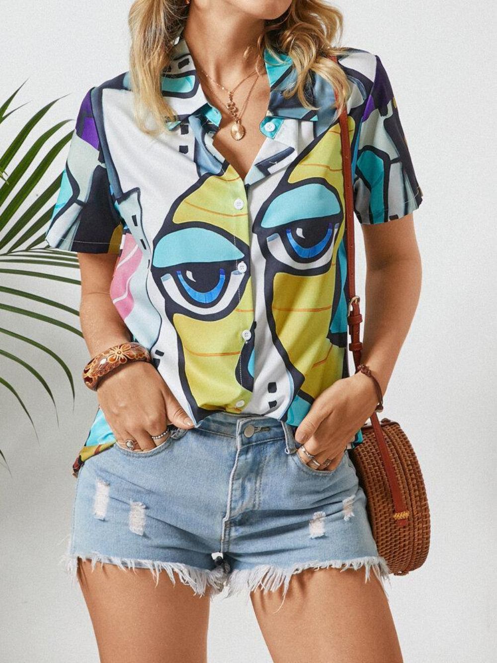 Blouse Met Korte Mouwen Knoopsluiting Met Abstracte Patroonprint Dames