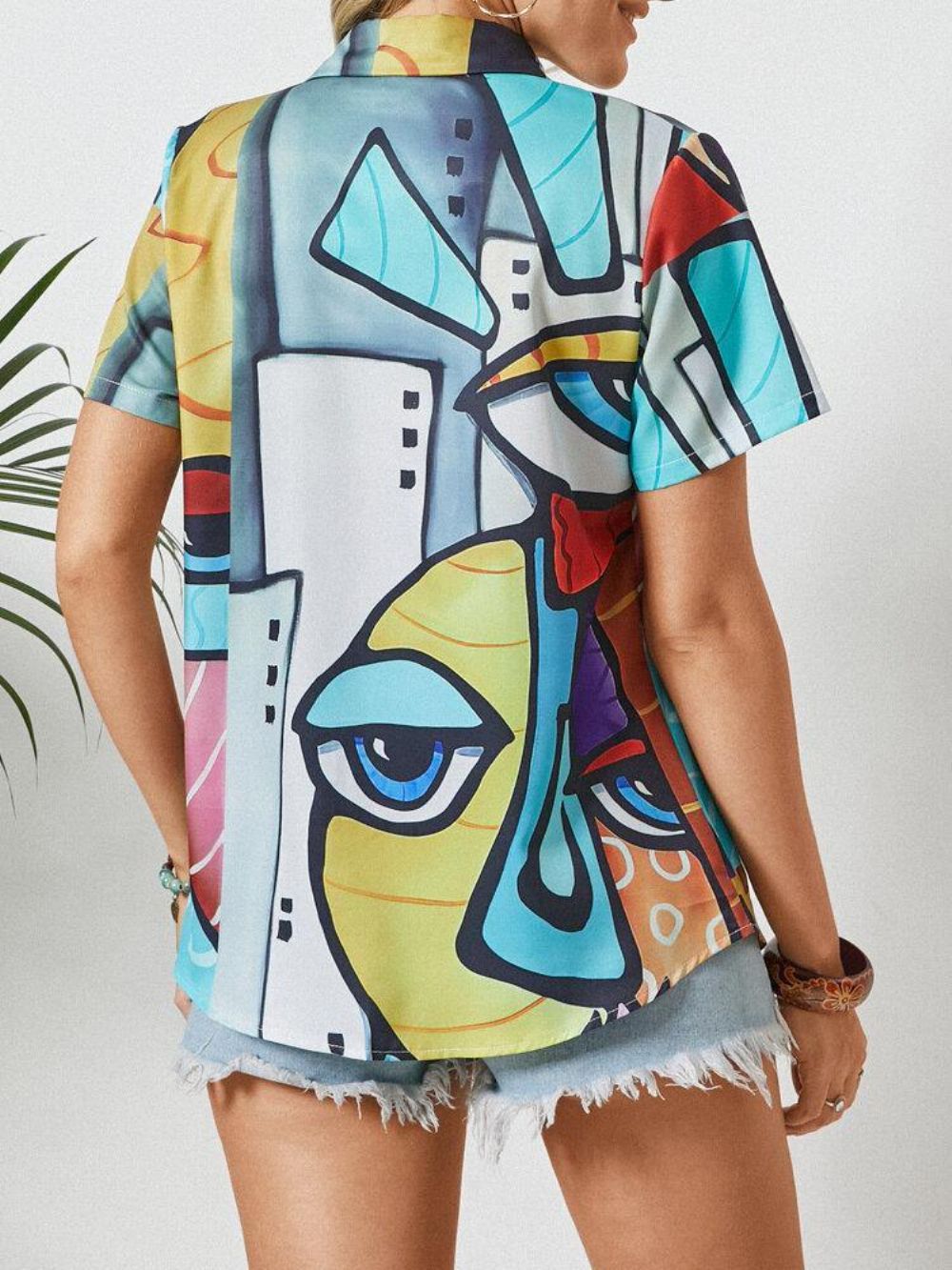 Blouse Met Korte Mouwen Knoopsluiting Met Abstracte Patroonprint Dames