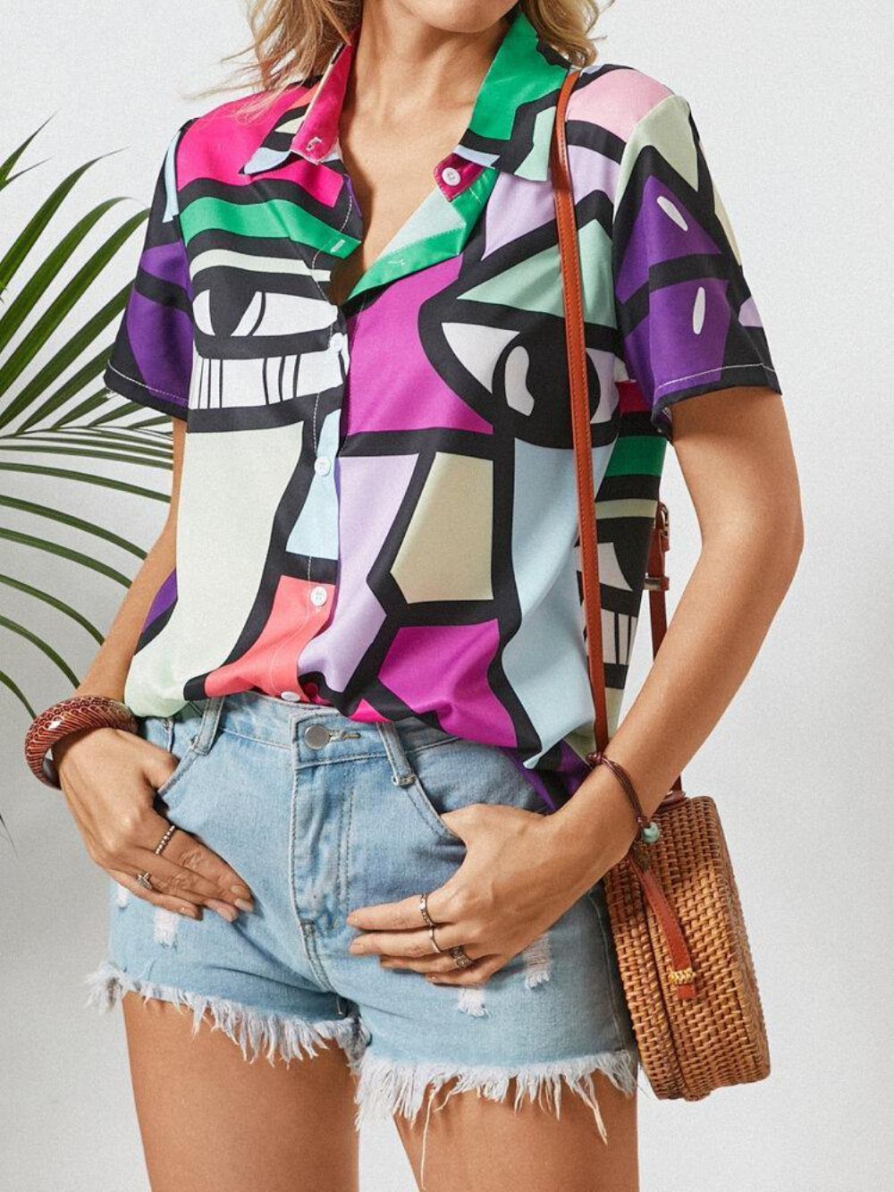 Blouse Met Korte Mouwen Knoopsluiting Met Abstracte Patroonprint Dames