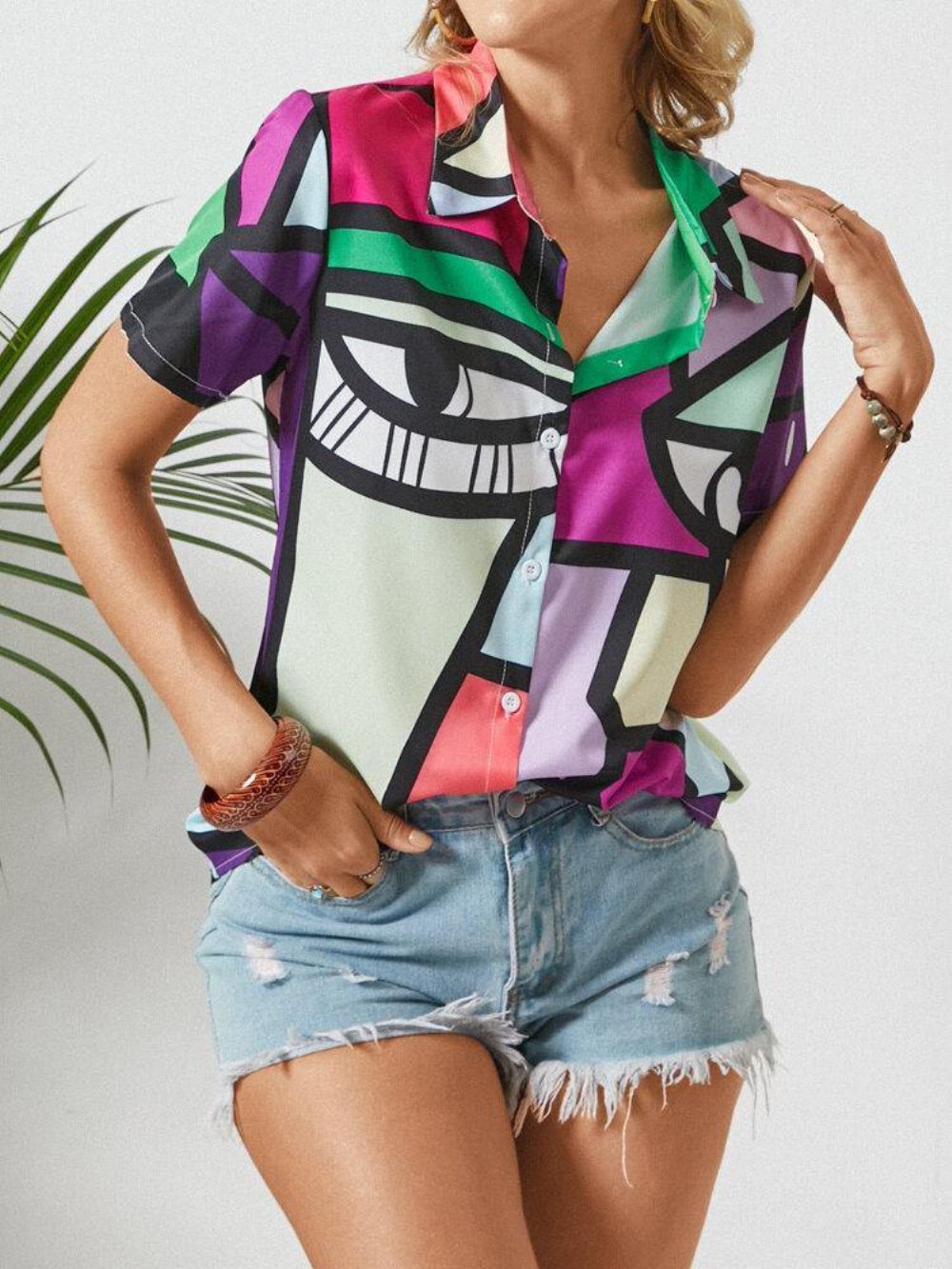 Blouse Met Korte Mouwen Knoopsluiting Met Abstracte Patroonprint Dames