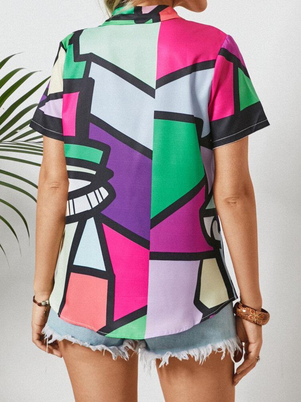 Blouse Met Korte Mouwen Knoopsluiting Met Abstracte Patroonprint Dames