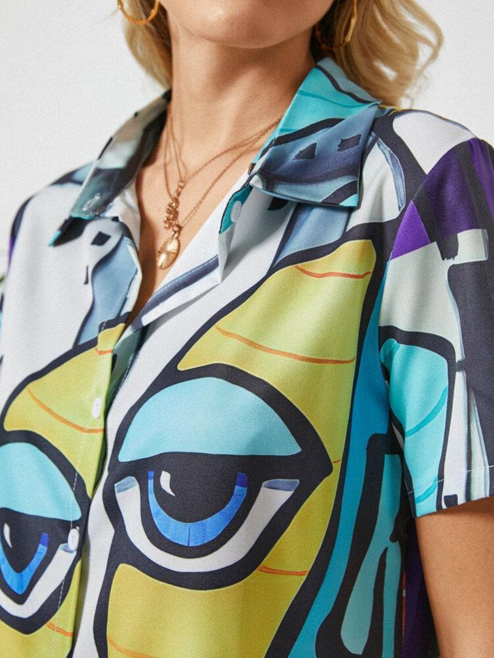 Blouse Met Korte Mouwen Knoopsluiting Met Abstracte Patroonprint Dames