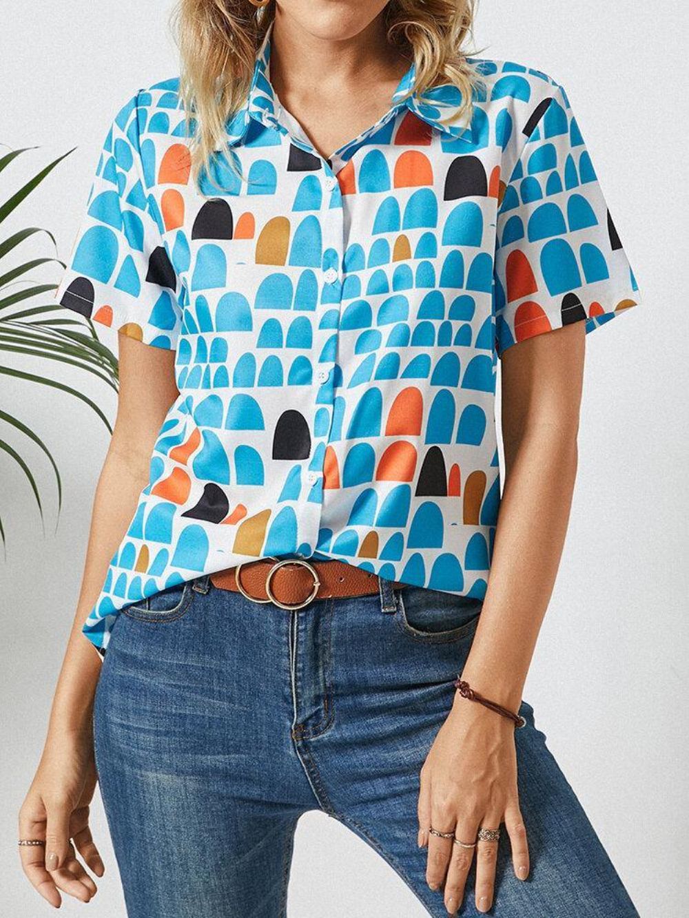 Blouse Met Korte Mouwen Knoopsluiting Met Geometrische Print Dames