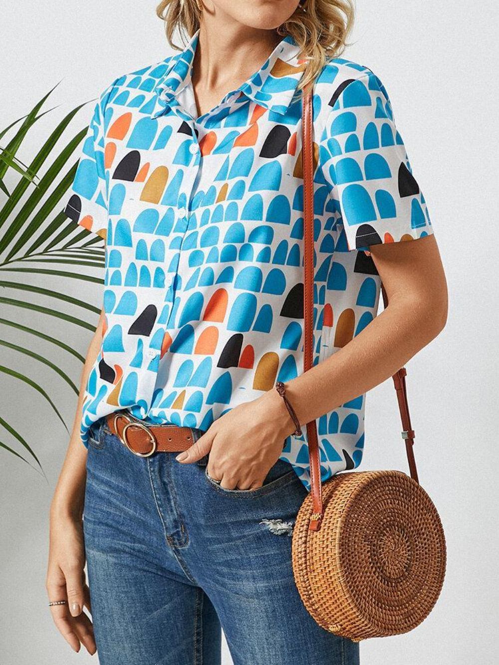 Blouse Met Korte Mouwen Knoopsluiting Met Geometrische Print Dames