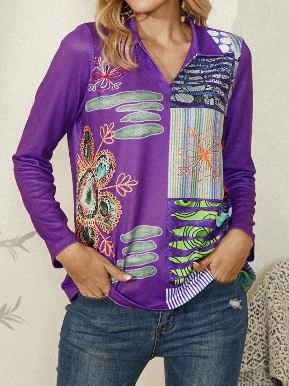 Blouse Met Lange Mouwen Revers Met Abstracte Print In Etnische Stijl Dames