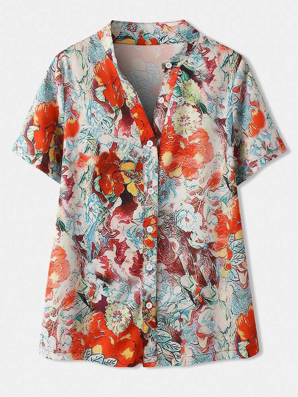 Calico Print Korte Mouw Opstaande Kraag Knop Blouse Dames