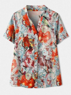 Calico Print Korte Mouw Opstaande Kraag Knop Blouse Dames