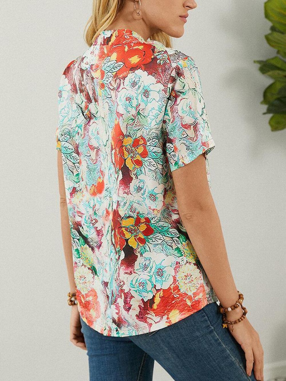 Calico Print Korte Mouw Opstaande Kraag Knop Blouse Dames