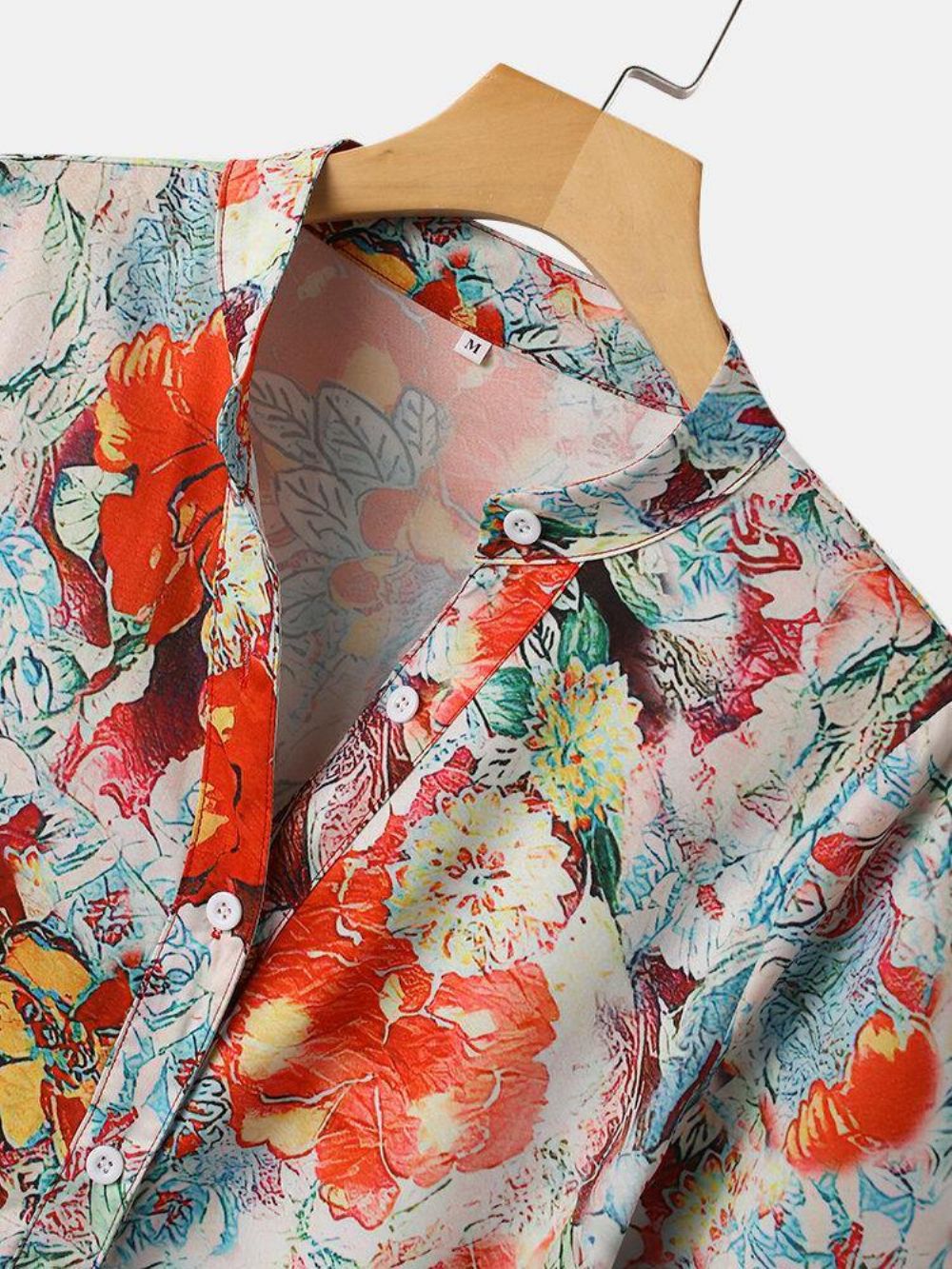 Calico Print Korte Mouw Opstaande Kraag Knop Blouse Dames