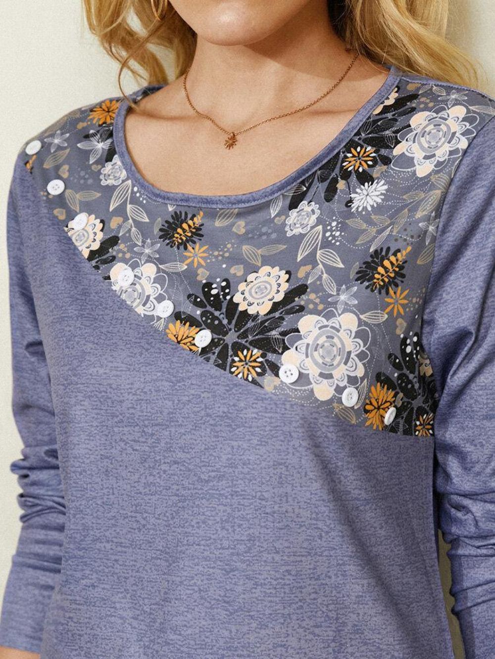 Calico Print O-Hals Lange Mouw Onregelmatige Zoom Blouse Dames