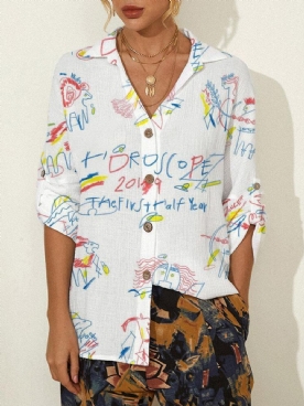 Casual Blouse Met Lange Mouwen Knooprevers Met Graffitiprint Dames